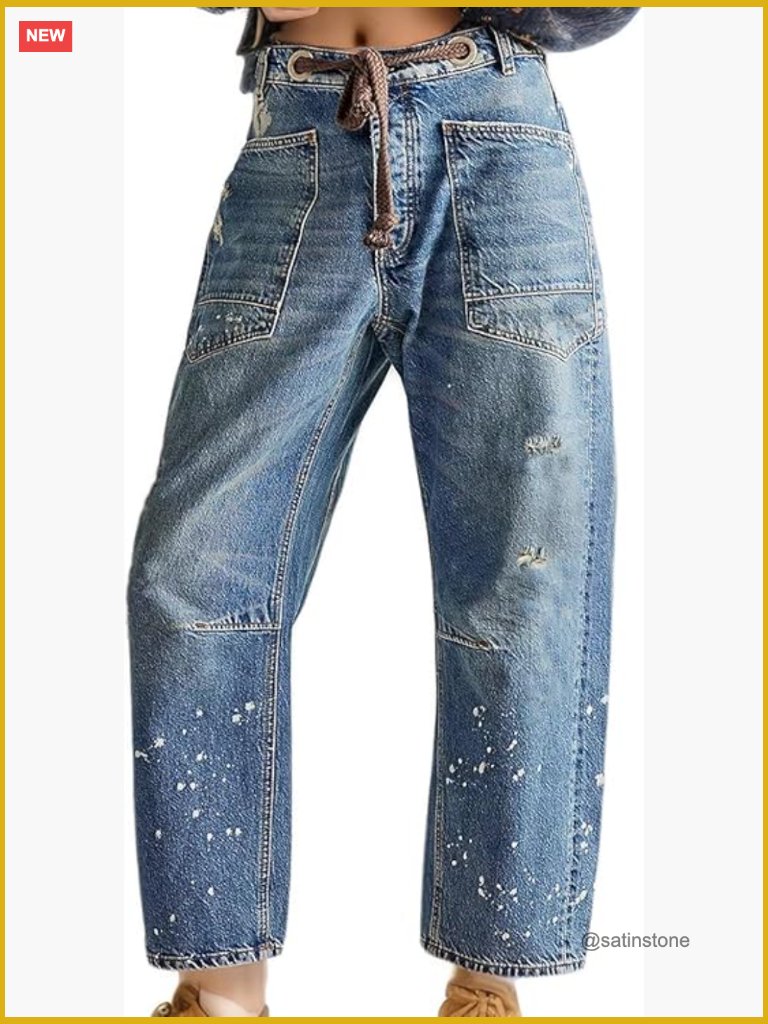 Mid-Low Rise Boyfriend Drawstring Ankle Baggy Elastic Waist Stretchy Boho Denim